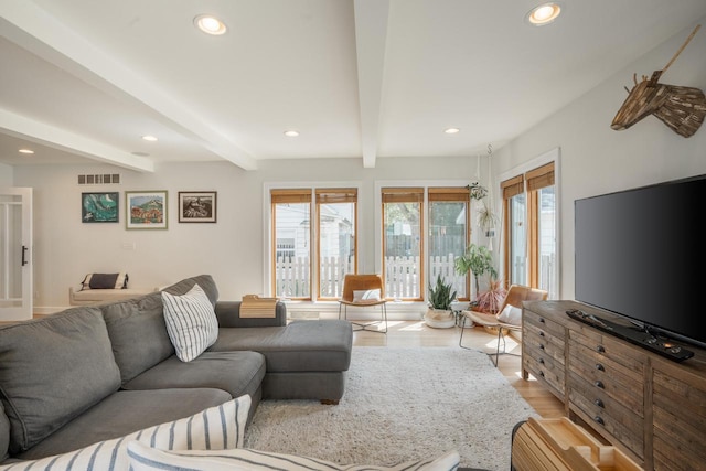 4781 N Idlewild Ave, Whitefish Bay, WI 53211 - living room with recessed lighting, beam ceiling, and light wood-style flooring