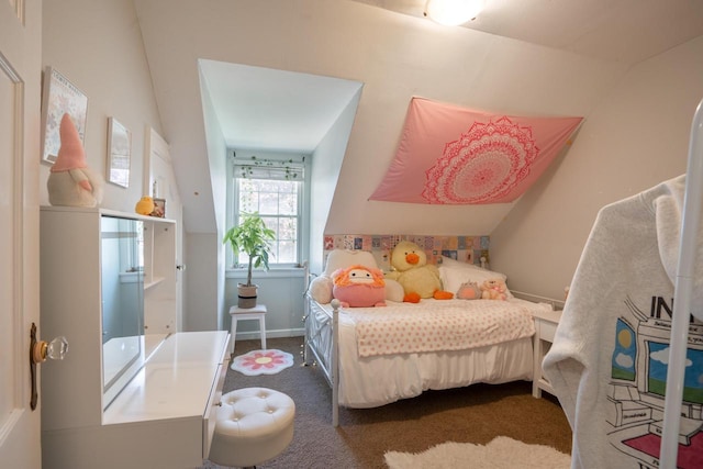 4781 N Idlewild Ave, Whitefish Bay, WI 53211 - bedroom featuring dark colored carpet, lofted ceiling, and baseboards