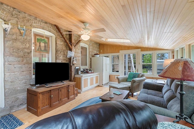 4105 Lime Kiln Rd, Green Bay, WI 54311 - living room with wood ceiling, vaulted ceiling, light wood-type flooring, and ceiling fan