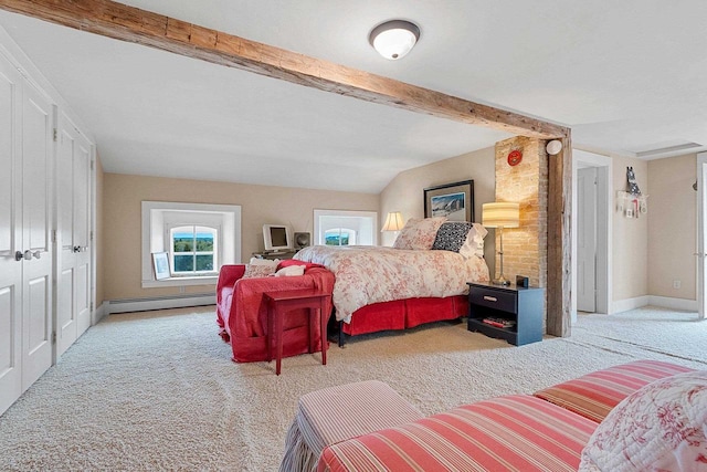 4105 Lime Kiln Rd, Green Bay, WI 54311 - carpeted bedroom with a baseboard radiator, multiple windows, beam ceiling, and baseboards