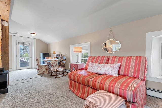 4105 Lime Kiln Rd, Green Bay, WI 54311 - living room with carpet flooring, baseboard heating, healthy amount of natural light, and lofted ceiling
