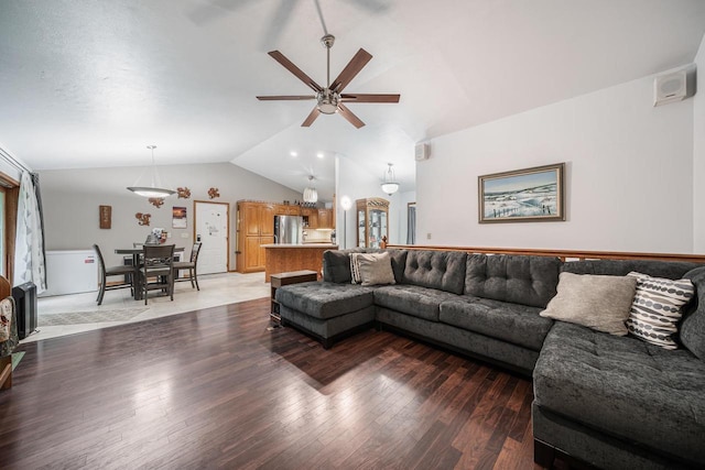 223 Willow Creek Rd, Rosendale, WI 54974 - living area with vaulted ceiling, ceiling fan, and light wood-type flooring
