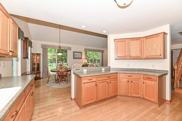 9165 S 47th St, Franklin, WI 53132 - kitchen with light wood-style floors, recessed lighting, a sink, a peninsula, and pendant lighting