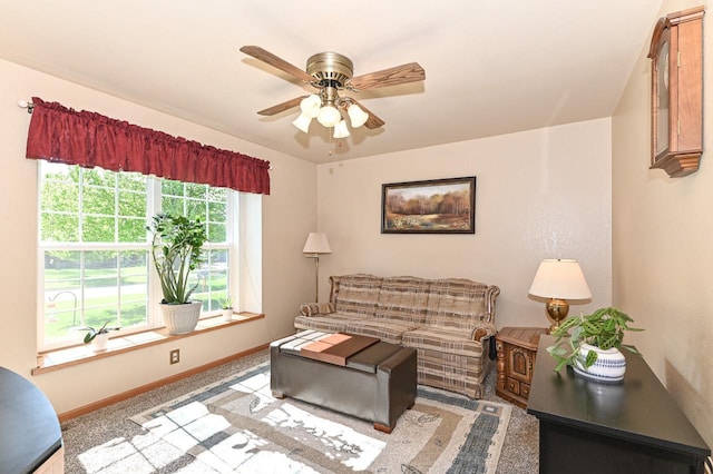 9165 S 47th St, Franklin, WI 53132 - carpeted living room featuring a ceiling fan and baseboards
