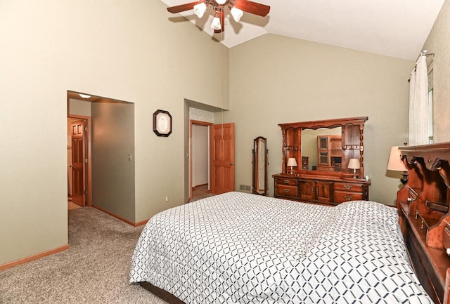 9165 S 47th St, Franklin, WI 53132 - carpeted bedroom featuring high vaulted ceiling, baseboards, and ceiling fan