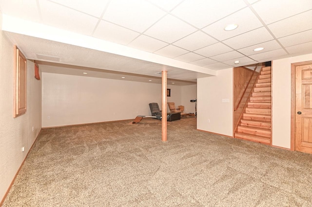 9165 S 47th St, Franklin, WI 53132 - finished basement with carpet, a paneled ceiling, stairway, recessed lighting, and baseboards