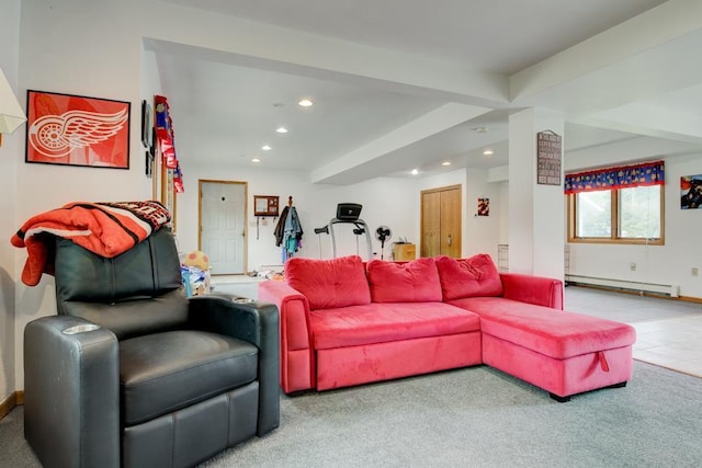 4100 15th St, Menominee, MI 49858 - living room featuring a baseboard radiator, recessed lighting, and baseboards