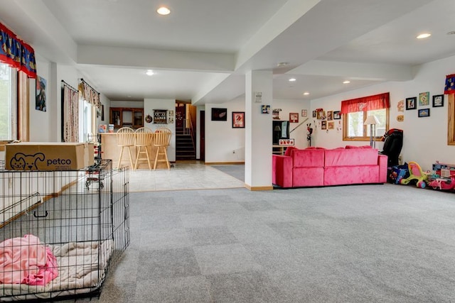 4100 15th St, Menominee, MI 49858 - carpeted living area with recessed lighting, stairway, and baseboards