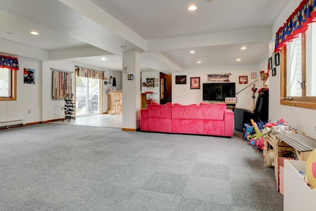 4100 15th St, Menominee, MI 49858 - carpeted living room with recessed lighting, baseboards, and a baseboard radiator