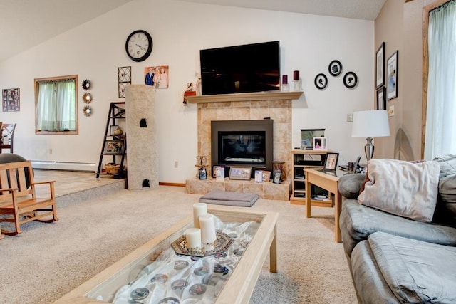 4100 15th St, Menominee, MI 49858 - living area with vaulted ceiling, a baseboard heating unit, carpet flooring, and a fireplace