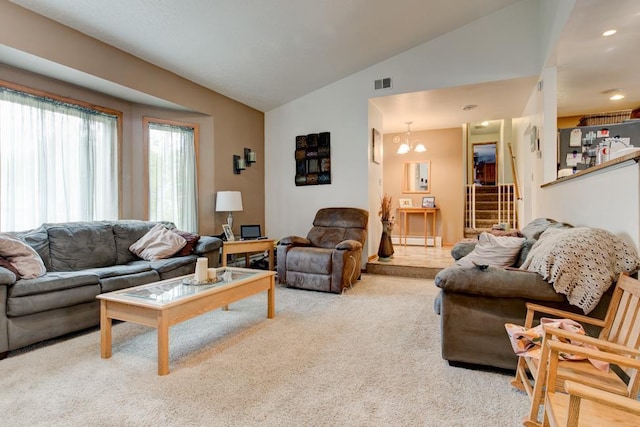 4100 15th St, Menominee, MI 49858 - living room featuring carpet floors, vaulted ceiling, a chandelier, and recessed lighting