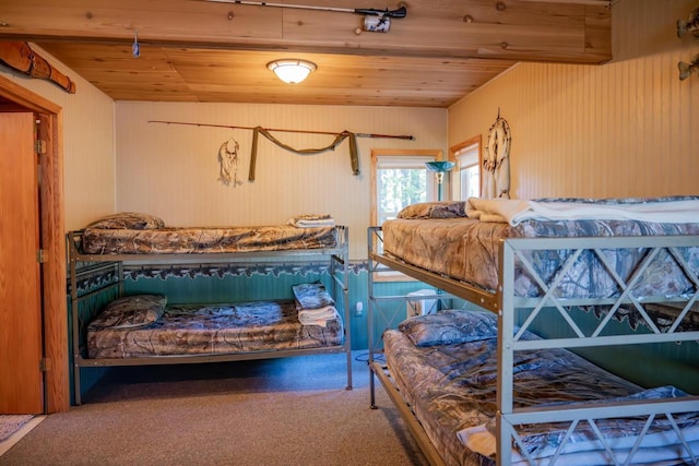 2146 Olmstead St, Friendship, WI 53934 - bedroom featuring wooden ceiling, carpet, and wood walls