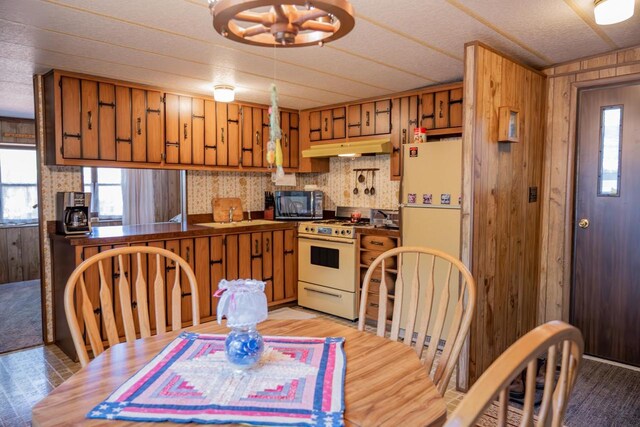 2146 Olmstead St, Friendship, WI 53934 - kitchen featuring white appliances, under cabinet range hood, healthy amount of natural light, brown cabinets, and wood walls