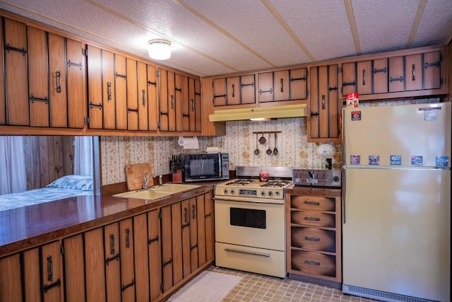 2146 Olmstead St, Friendship, WI 53934 - kitchen with white appliances, a sink, brown cabinetry, and dark countertops