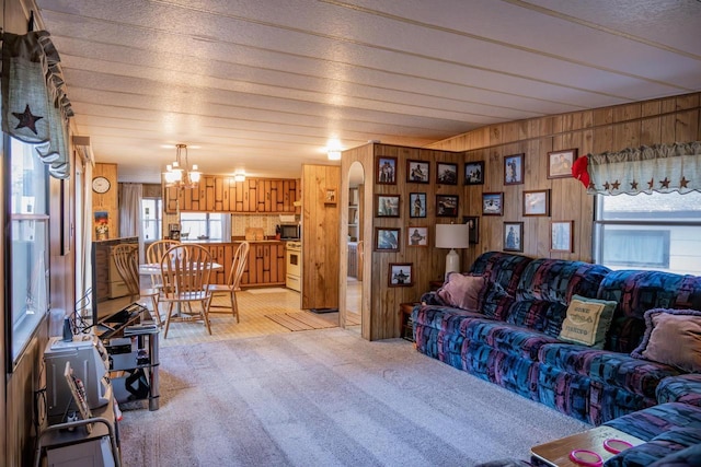 2146 Olmstead St, Friendship, WI 53934 - living area featuring a chandelier, light carpet, wood walls, and arched walkways