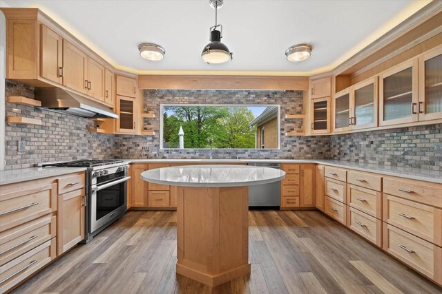 6600 N Ballard Rd, Appleton, WI 54913 - kitchen with stainless steel appliances, light brown cabinetry, and under cabinet range hood