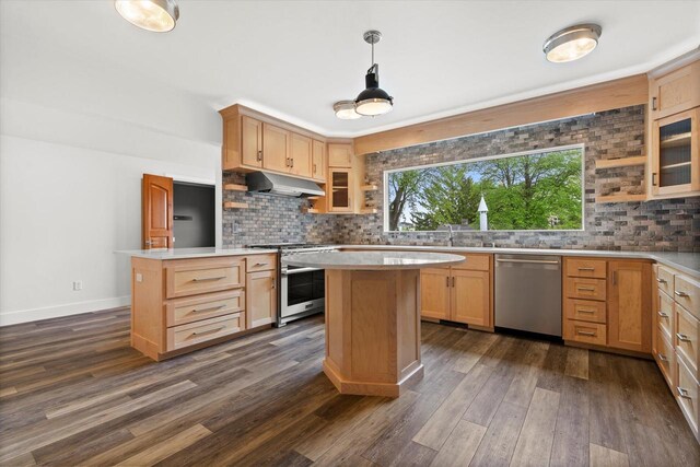 6600 N Ballard Rd, Appleton, WI 54913 - kitchen with stainless steel appliances, under cabinet range hood, a kitchen island, and tasteful backsplash