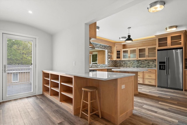 6600 N Ballard Rd, Appleton, WI 54913 - kitchen featuring high end fridge, open shelves, dark wood-type flooring, light countertops, and tasteful backsplash