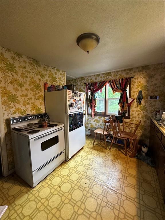 315 Armstrong Ave, Black River Falls, WI 54615 - kitchen with white appliances, wallpapered walls, light floors, a textured ceiling, and light countertops