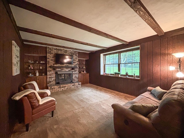 21755 W N Ave, Brookfield, WI 53045 - carpeted living area featuring wood walls, beamed ceiling, a brick fireplace, and built in features