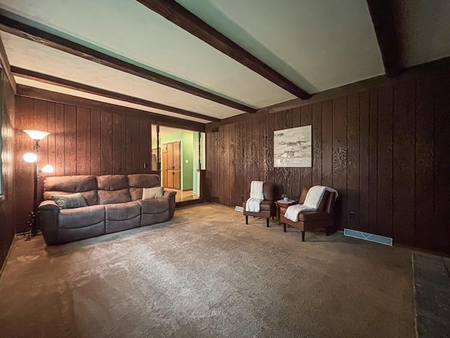 21755 W N Ave, Brookfield, WI 53045 - living room with wood walls, beam ceiling, and carpet