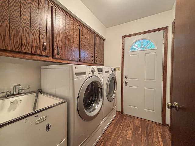 21755 W N Ave, Brookfield, WI 53045 - washroom with cabinet space, washing machine and dryer, and dark wood-style flooring