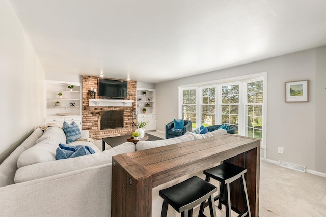 1305 Lexington Ct, Brookfield, WI 53045 - living area with baseboards, a brick fireplace, light carpet, and built in features