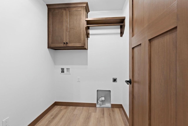 513 Kirkland Ave, Algoma, WI 54201 - laundry room with hookup for an electric dryer, light wood-type flooring, washer hookup, cabinet space, and baseboards