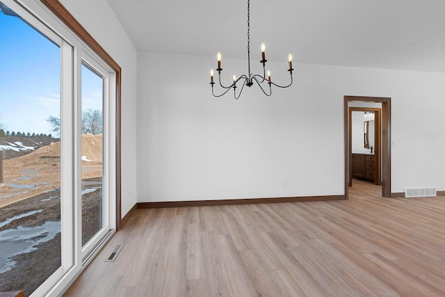 513 Kirkland Ave, Algoma, WI 54201 - unfurnished dining area with a chandelier, light wood finished floors, and baseboards