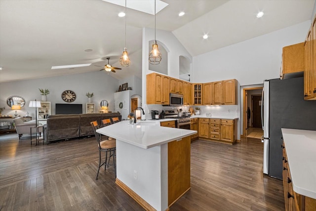 S91W35161 Prairie Ct, Eagle, WI 53119 - kitchen with stainless steel appliances, a peninsula, a sink, a breakfast bar area, and open floor plan