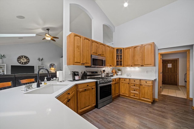 S91W35161 Prairie Ct, Eagle, WI 53119 - kitchen with stainless steel appliances, a sink, a ceiling fan, glass insert cabinets, and decorative backsplash