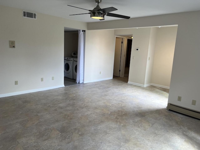 8629 N Servite Dr Unit 109, Milwaukee, WI 53223 - spare room with independent washer and dryer, ceiling fan, finished concrete floors, a baseboard heating unit, and baseboards