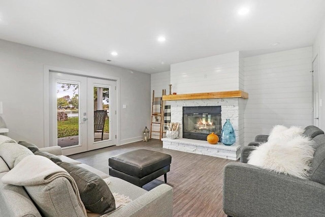 24722 84th St, Salem, WI 53168 - living area with french doors, wood finished floors, recessed lighting, a fireplace, and baseboards