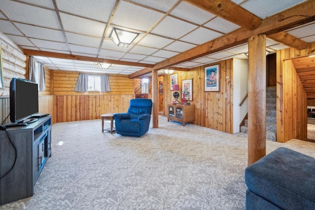 1116 Lake Park Rd, Menasha, WI 54952 - living area featuring carpet floors, wood walls, and stairway