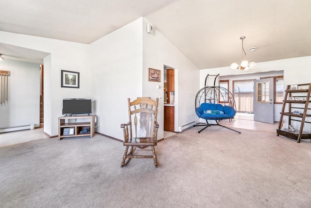 1116 Lake Park Rd, Menasha, WI 54952 - living area featuring carpet, a chandelier, vaulted ceiling, a baseboard heating unit, and baseboards