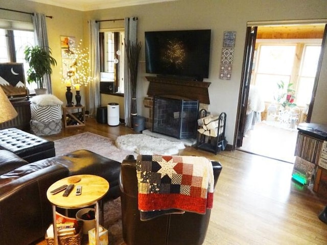 7320 5th Ave, Kenosha, WI 53143 - living room with wood finished floors, a fireplace, and ornamental molding