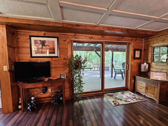 9388 Alpine Rd, Fremont, WI 54940 - doorway to outside featuring wooden walls, dark wood-style flooring, coffered ceiling, and beam ceiling