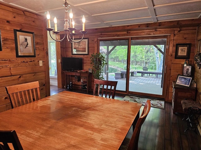9388 Alpine Rd, Fremont, WI 54940 - dining area featuring wood walls, a chandelier, hardwood / wood-style flooring, and coffered ceiling