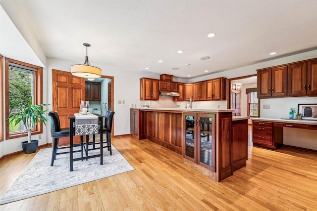 79 Oakridge Ct, Fond Du Lac, WI 54937 - kitchen featuring light countertops, under cabinet range hood, light wood finished floors, baseboards, and pendant lighting