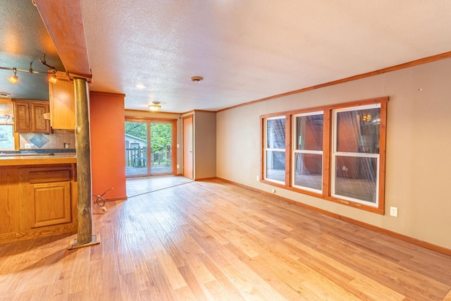 W3703 Scotch Coulee Rd, West Salem, WI 54669 - unfurnished living room with light wood-style flooring, baseboards, ornamental molding, and a textured ceiling