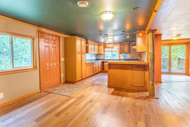W3703 Scotch Coulee Rd, West Salem, WI 54669 - kitchen with light wood-style floors, healthy amount of natural light, a peninsula, a textured ceiling, and light countertops