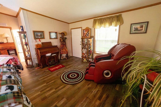 W7744 County Rd E, Westfield, WI 53964 - living area with ornamental molding, wood finished floors, and lofted ceiling