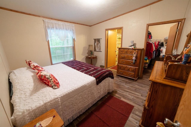 W7744 County Rd E, Westfield, WI 53964 - bedroom featuring ornamental molding, a walk in closet, vaulted ceiling, wood finished floors, and a closet