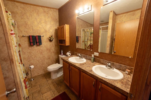 W7744 County Rd E, Westfield, WI 53964 - full bath with double vanity, toilet, a shower with curtain, and tile patterned flooring