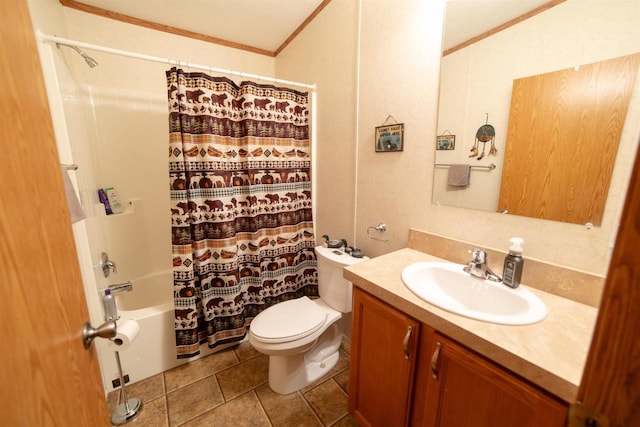 W7744 County Rd E, Westfield, WI 53964 - full bathroom featuring vanity, toilet, shower / bathtub combination with curtain, tile patterned flooring, and ornamental molding