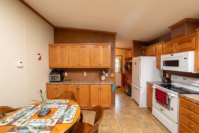 W7744 County Rd E, Westfield, WI 53964 - kitchen featuring white appliances, crown molding, light countertops, tasteful backsplash, and light tile patterned floors