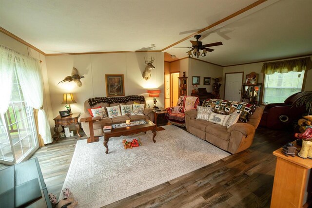 W7744 County Rd E, Westfield, WI 53964 - living area featuring ornamental molding, a ceiling fan, wood finished floors, and vaulted ceiling