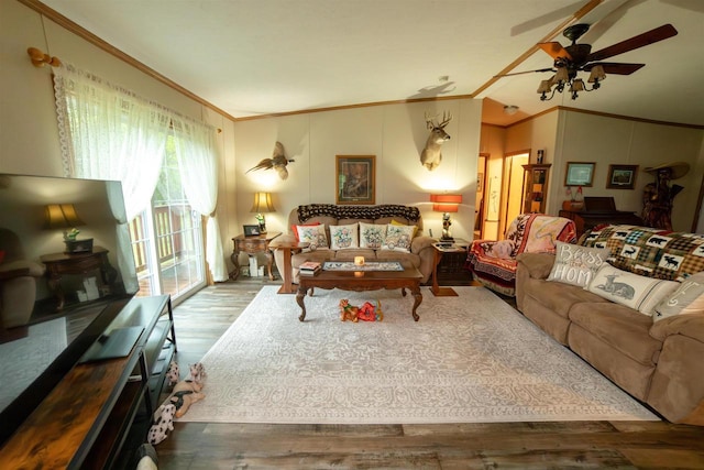W7744 County Rd E, Westfield, WI 53964 - living room featuring crown molding, wood finished floors, a ceiling fan, and lofted ceiling