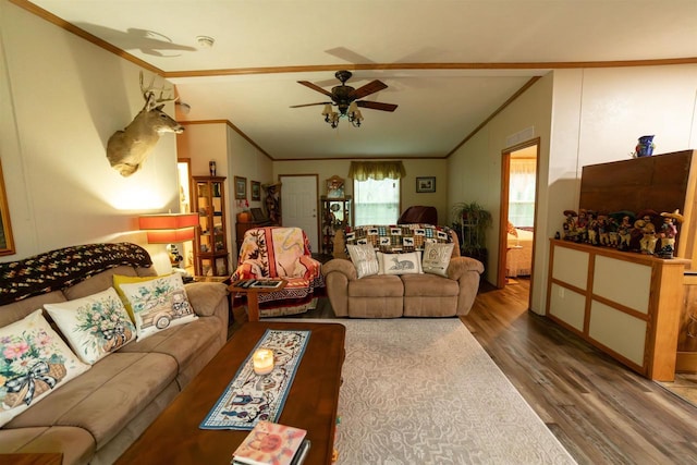 W7744 County Rd E, Westfield, WI 53964 - living area with ornamental molding, wood finished floors, a ceiling fan, and vaulted ceiling