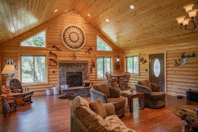 N12124 12th Ave, Necedah, WI 54646 - living room with high vaulted ceiling, log walls, wooden ceiling, a stone fireplace, and healthy amount of natural light